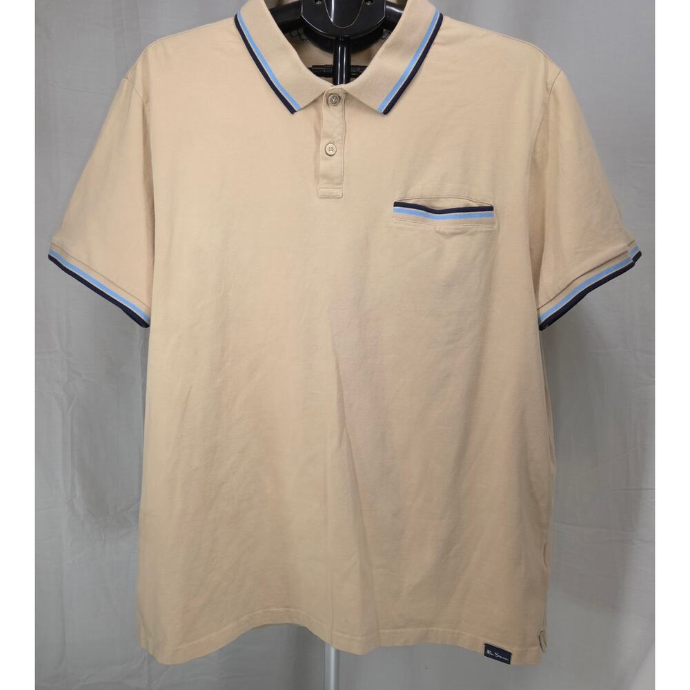 Ben Sherman Polo Shirt Mens Large Beige Stripe Trim Pocket Cotton Stretch